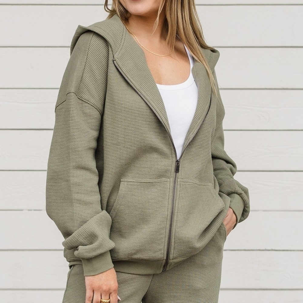 BNWT Brunette The Label Lounger Waffle Full Zip Hoodie - Olive Green, Size S/M